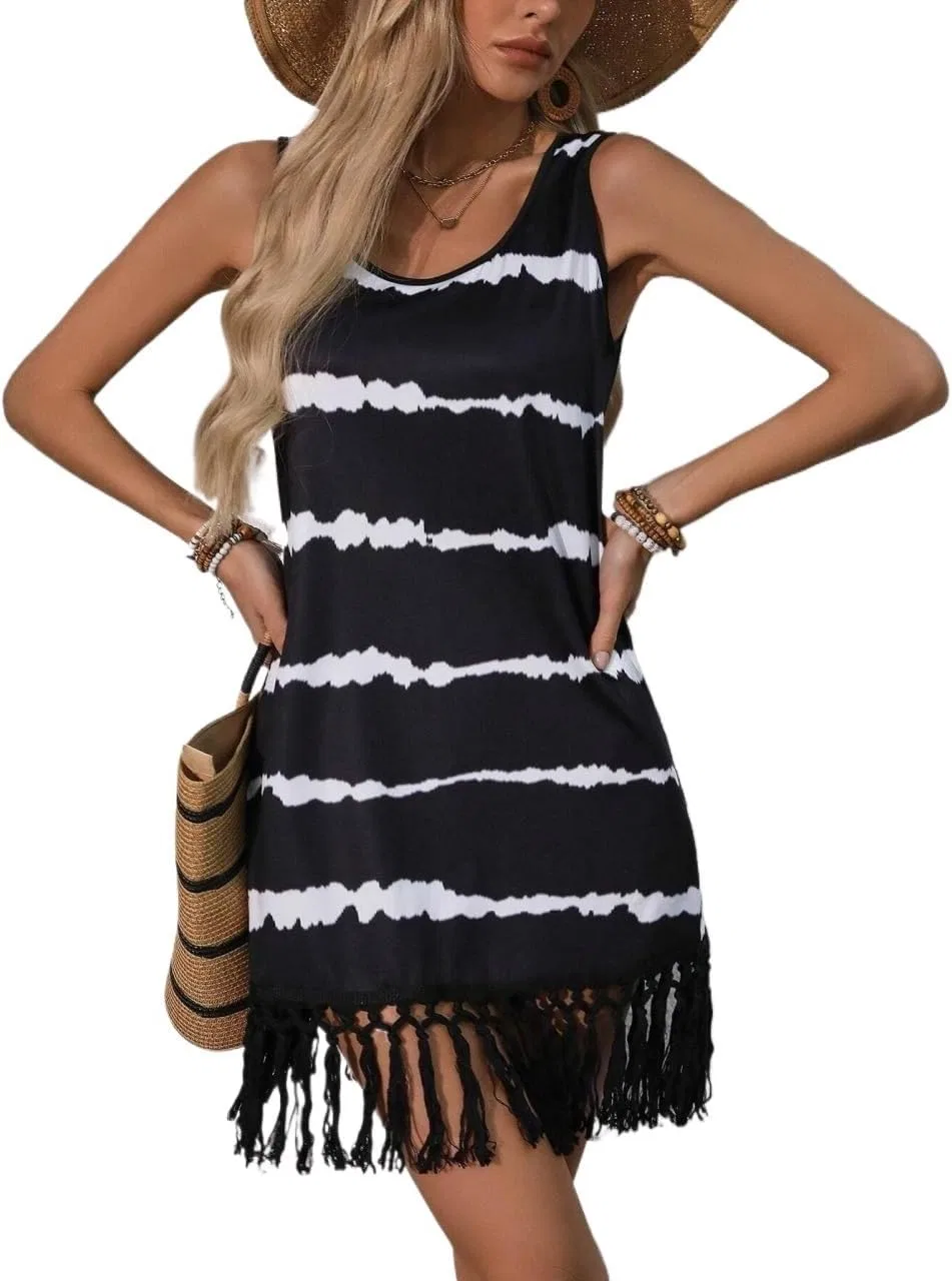 Женский пляжный халат с полосатым подолом, Sans Brand, Black/White