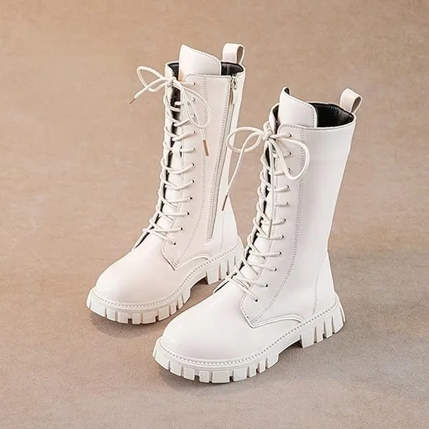 Детские ботинки для девочек с принтом, модель Girls White Combat Boots, White-Fleece Lined — фото 2