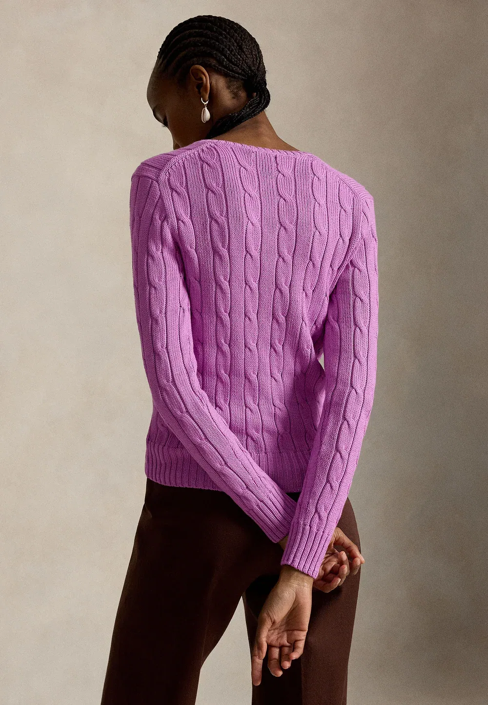 Хлопковый свитер крупной вязки с V-образным вырезом Polo Ralph Lauren, Thistle Pink — фото 3