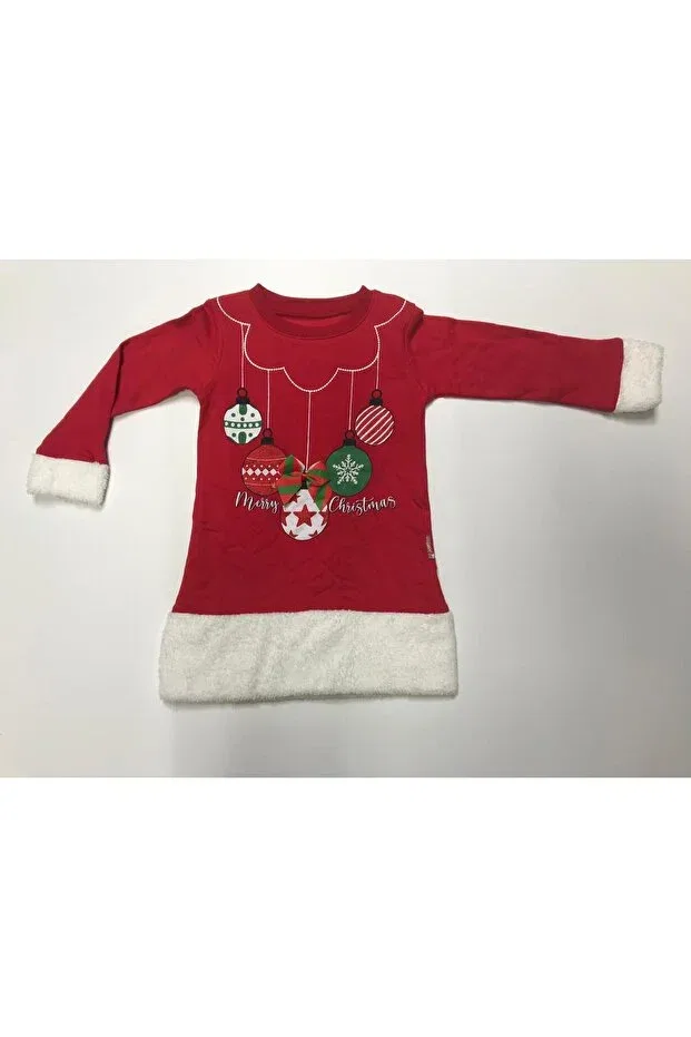 Детское платье для девочек с принтом Winter 2-thread fleece-lined and plush detailed crew neck christmas patterned baby girl children's dress Baby Slon Kids Clup, Red-Ballooned