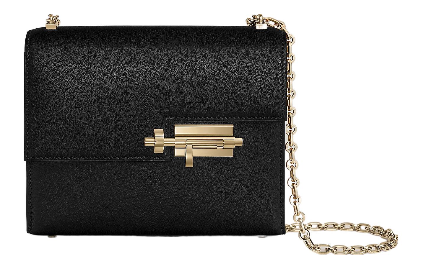 

HERMES Верру Шамкила Ред Сумка на цепочке с застежкой из редкой козьей кожи Ружейный чехол Плечевая сумка Кроссбоди Мини Женская Нуар Черная