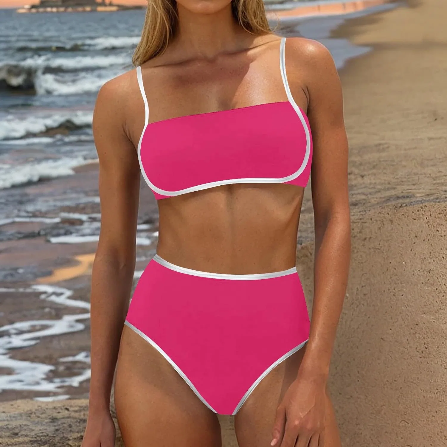 Женский бикини-комплект с высокой талией с эффектом утяжки, Hot Pink — фото 2