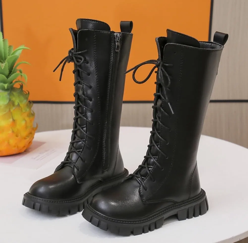Детские ботинки для девочек на шнуровке с флисовой подкладкой, модель Mid Calf Fleece Lined Leather Shoes, Black — фото 3