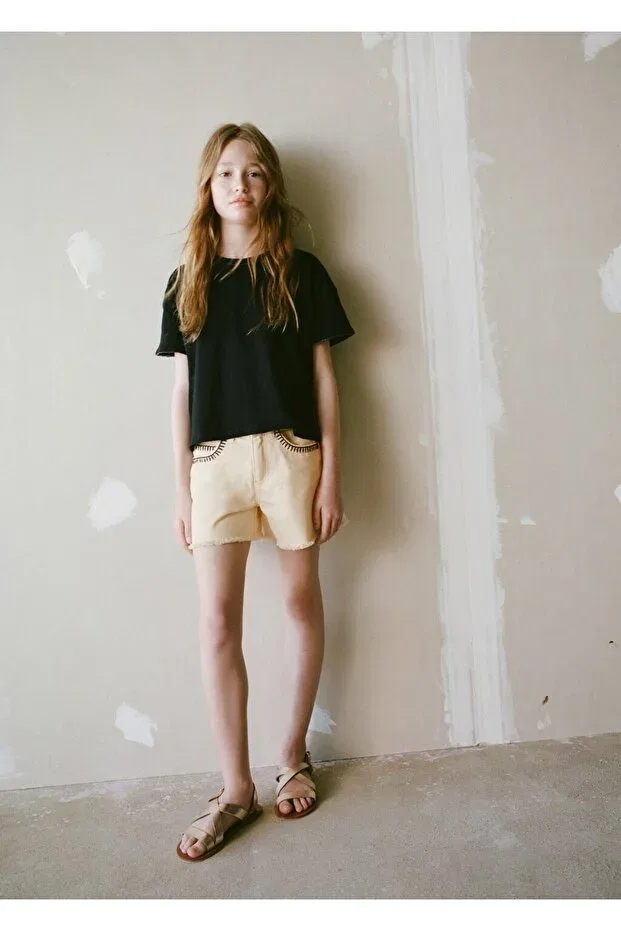 Детские шорты для девочек джинсовые Mango Kids, Ekrü — фото 3