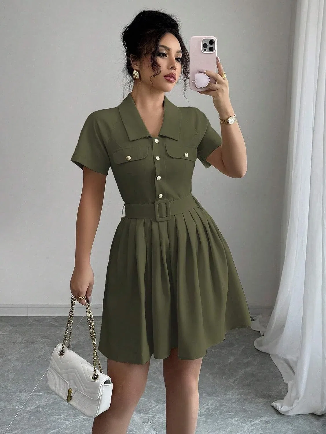 Женское повседневное платье А-силуэта с поясом TOOSIS, Army Green — фото 2