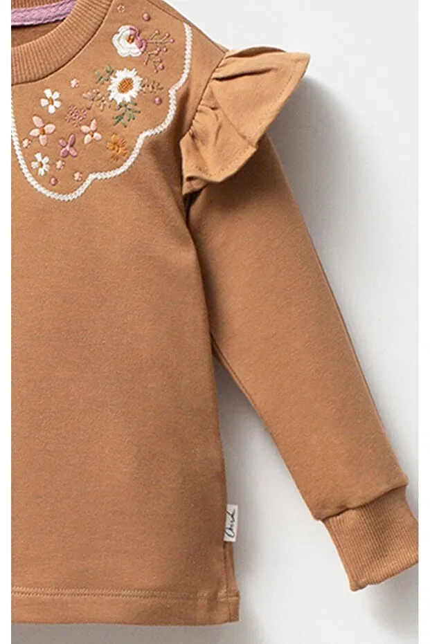 Детское платье-свитшот для девочек хлопковое Ruffled Collar Floral Embroidered 2 Thread Long Sleeve Overdo, Brown — фото 4