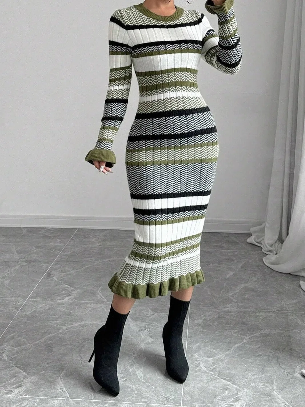Женское платье миди с цветовыми блоками Knitwear, Green — фото 3