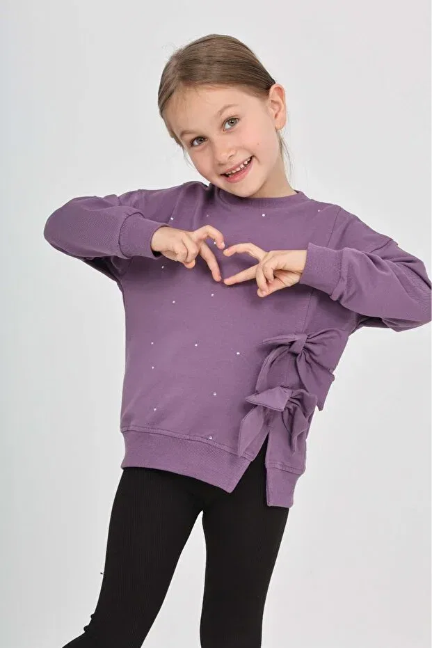 Детские свитшот для девочек с принтом Girl's Stoned Bow Sweatshirt Toontoy, Purple — фото 3