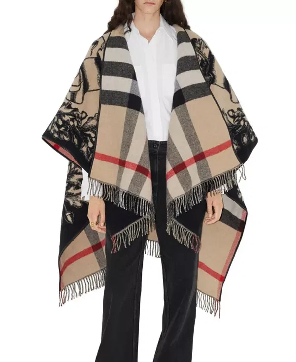 Женский плащ-накидка из шерсти с принтом Reversible EKD Check Wool Cape Burberry, Archive Beige