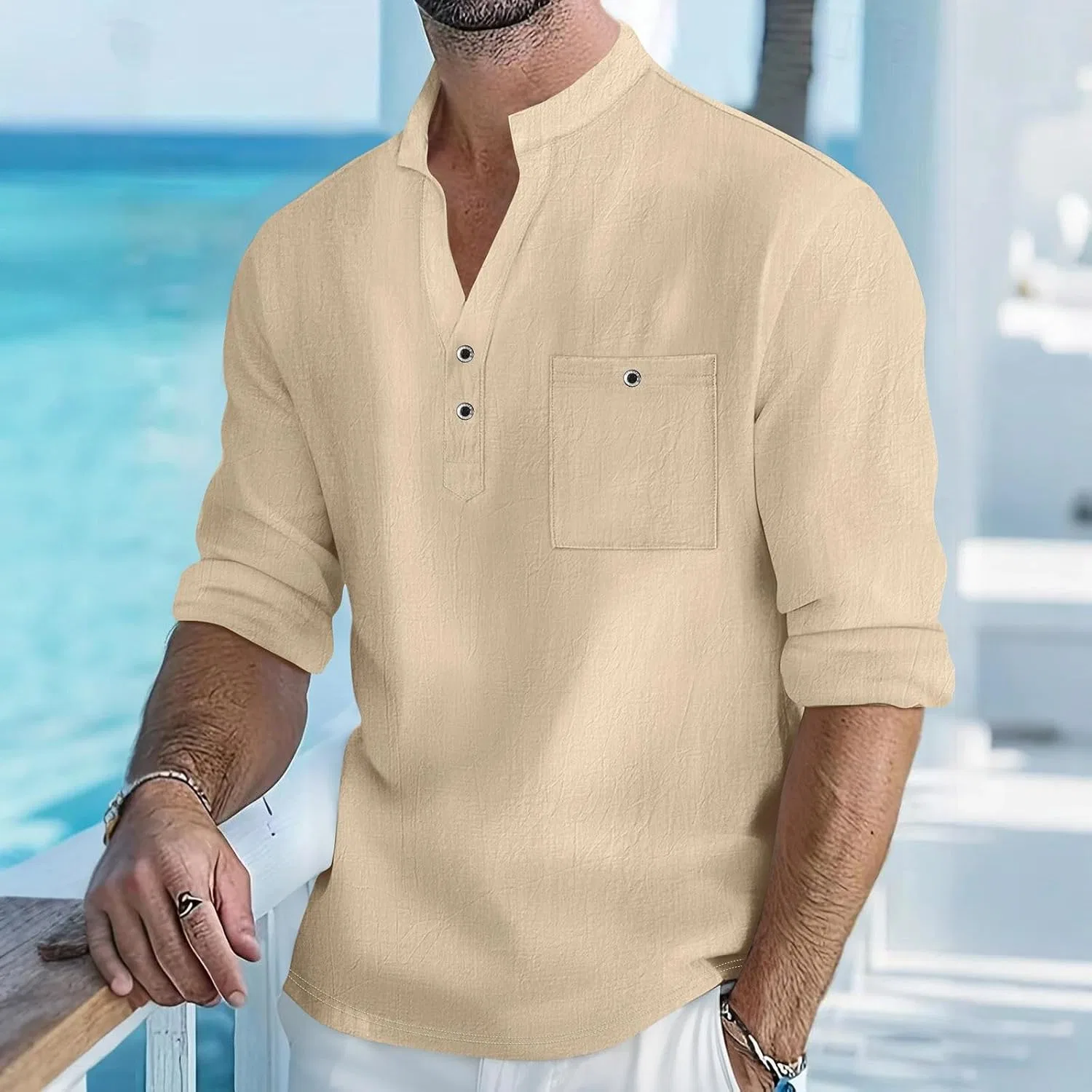 Мужская рубашка из льна с хлопком, с длинным рукавом, Banded Collar, бежевый — фото 2