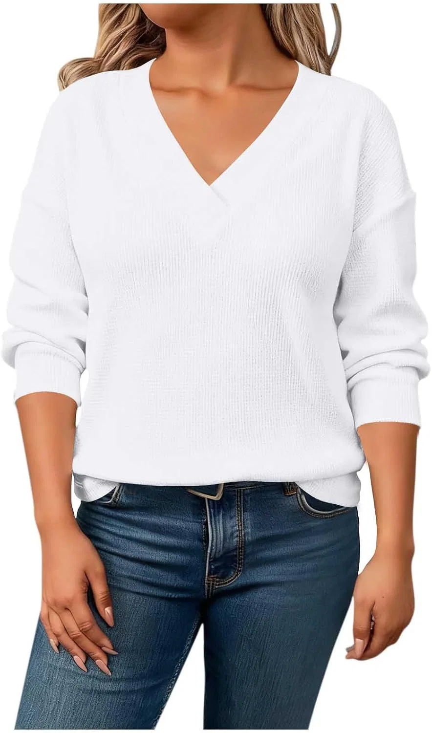 Женская футболка с v-образным вырезом Waffle Long Sleeve, White