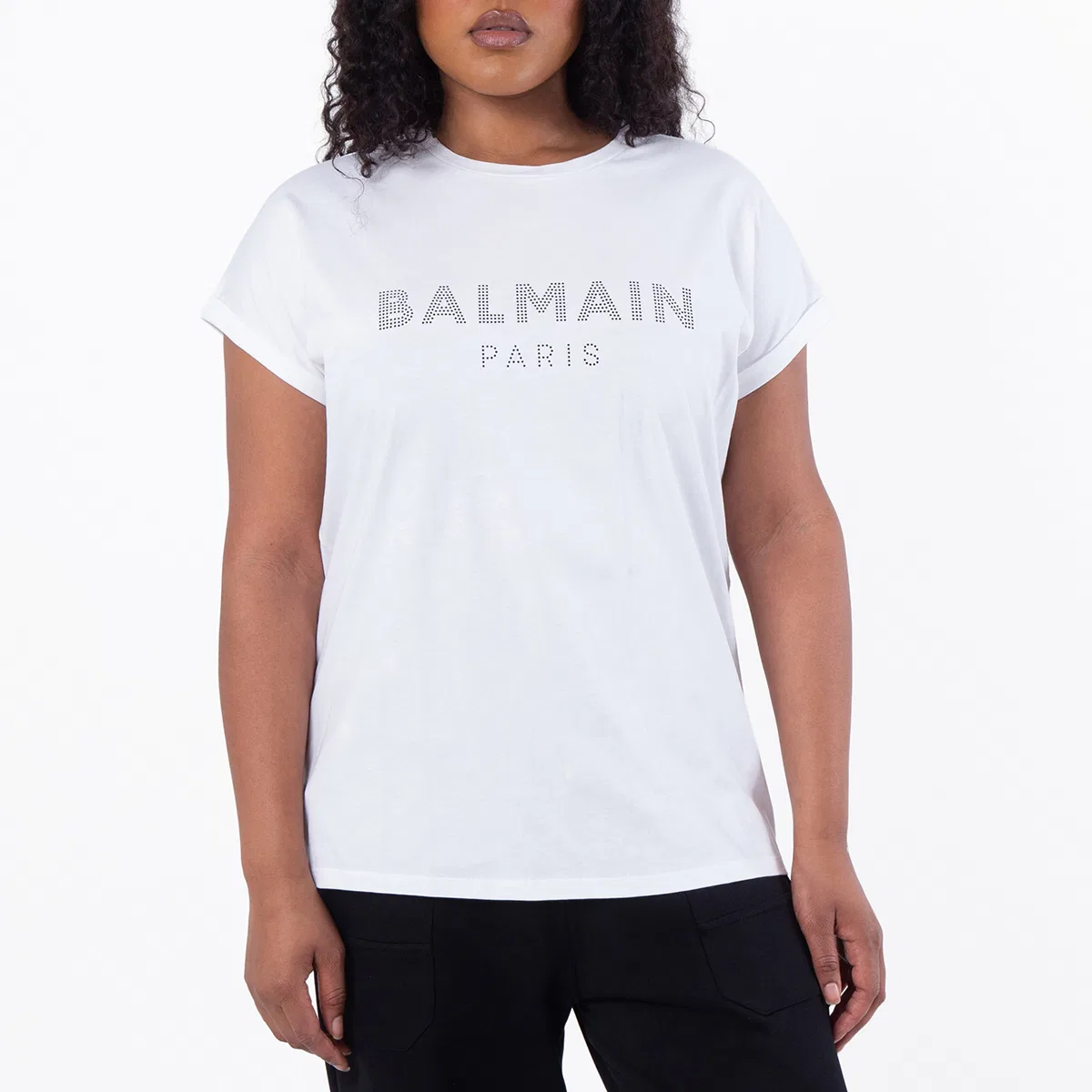 Футболка хлопковая с принтом Strass Logo Balmain, Gab Blanc/Noir