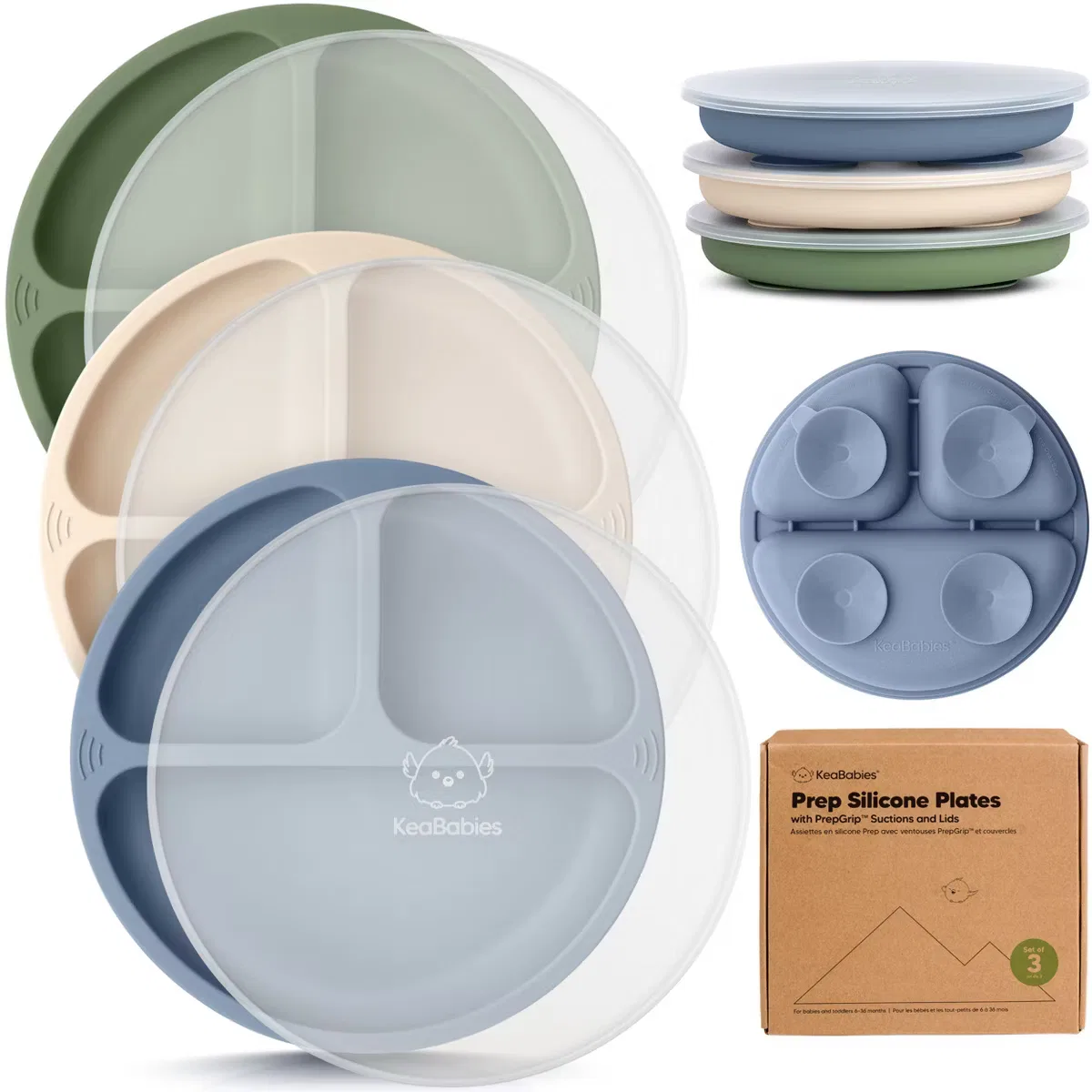 Тарелки детские силиконовые с присосками и крышками, комплект 3 шт, Prep Suction Plates KeaBabies, Slate