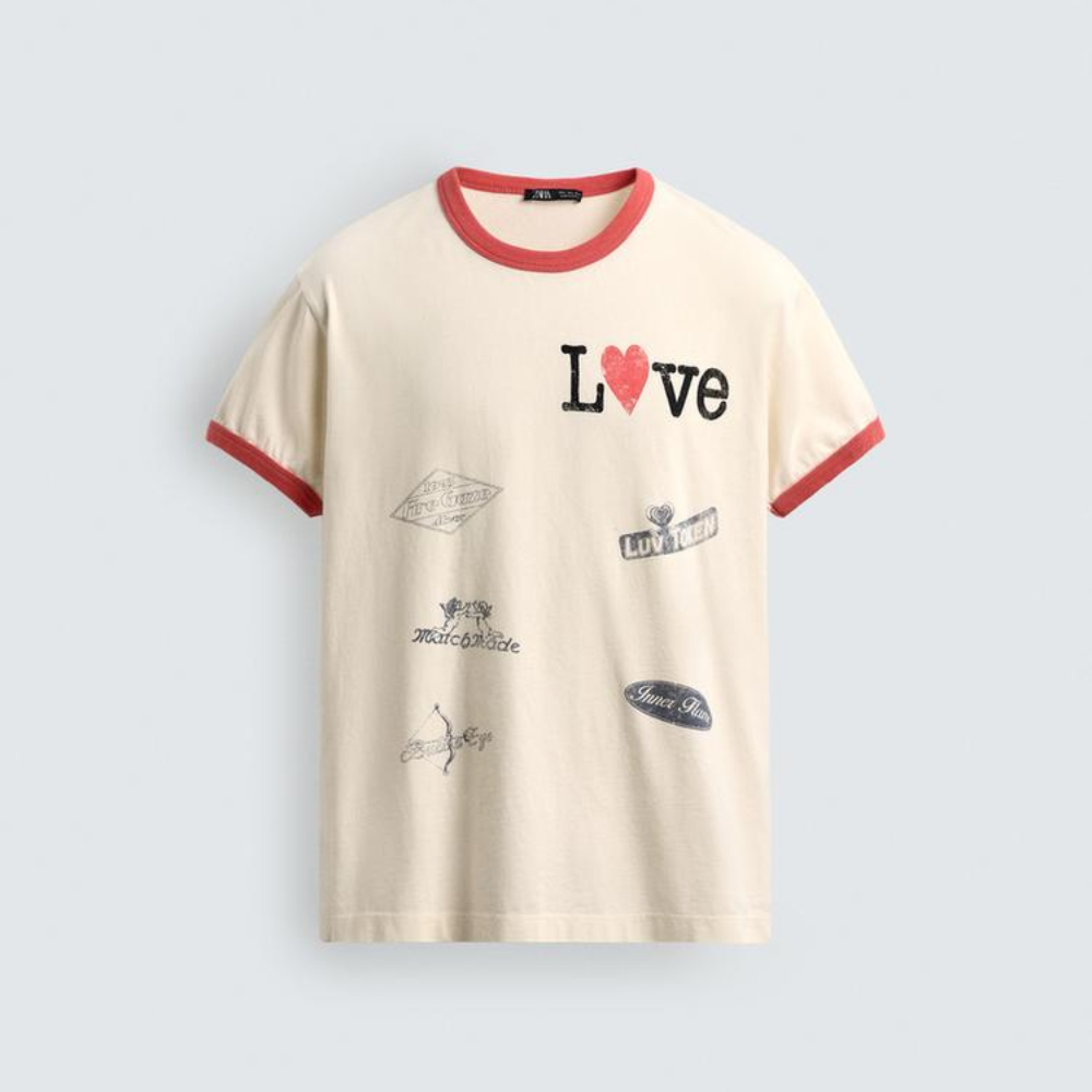 

Футболка Zara Ribbed With Contrast Heart, светло-бежевый