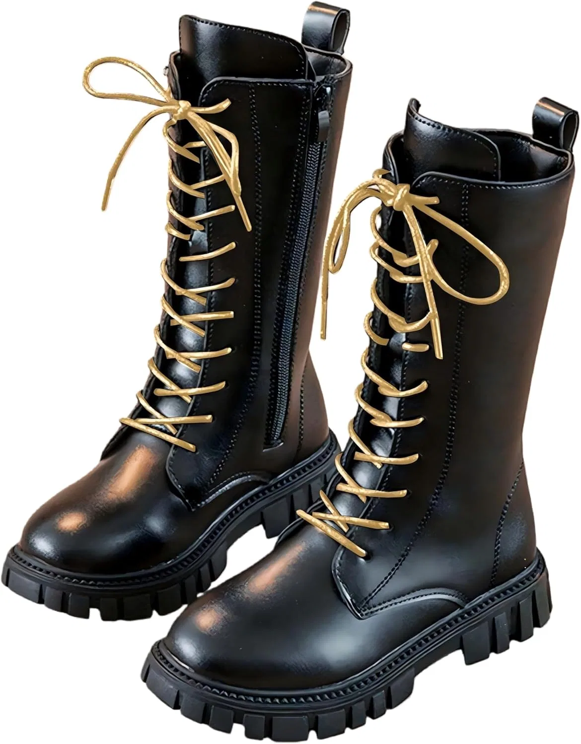 Детские ботинки для девочек с принтом, модель Girls White Combat Boots, Black-Golden Shoelaces