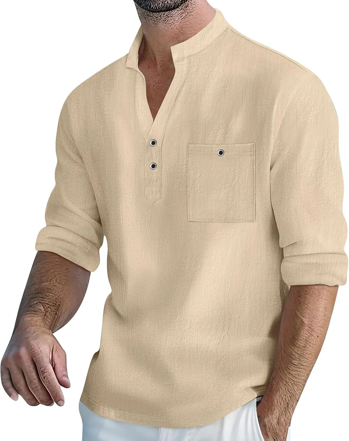 Мужская рубашка из льна с хлопком, с длинным рукавом, Banded Collar, бежевый
