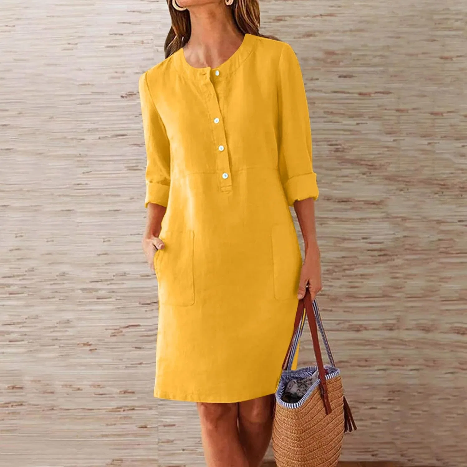 Женское льняное мини-платье с пуговицами, длинным рукавом, Yellow — фото 2