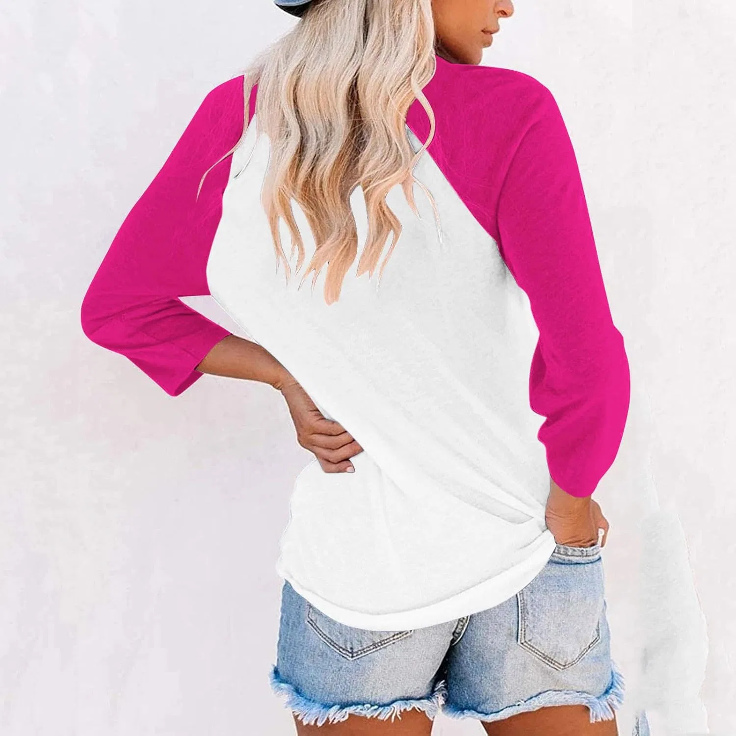 Женская футболка свободного кроя с цветовыми блоками, рукав 3/4, Hot Pink — фото 3