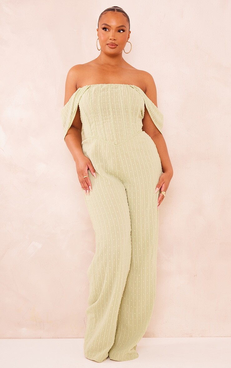

PrettyLittleThing Зеленый сетчатый комбинезон с корсетом Plus Sage Dobby
