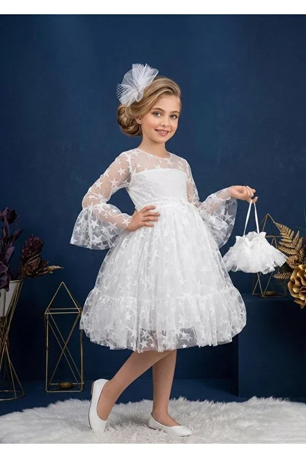 Детское платье для девочек с принтом Star Patterned Tulle Puffy Dress Lunas Tekstil, White
