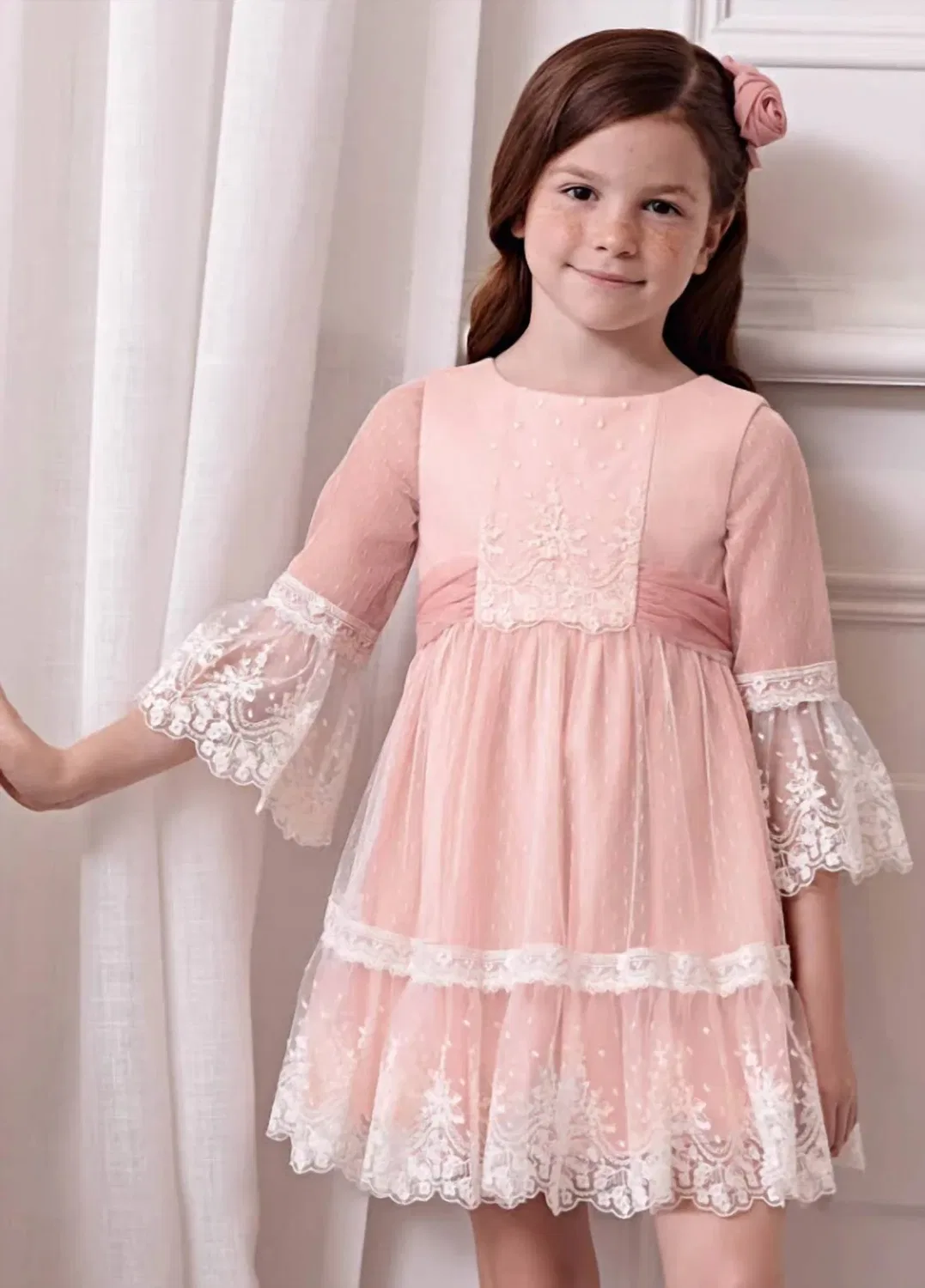 Детское платье с кружевной отделкой Lace Overlay Dress Mayoral, Soft Pink Ivory