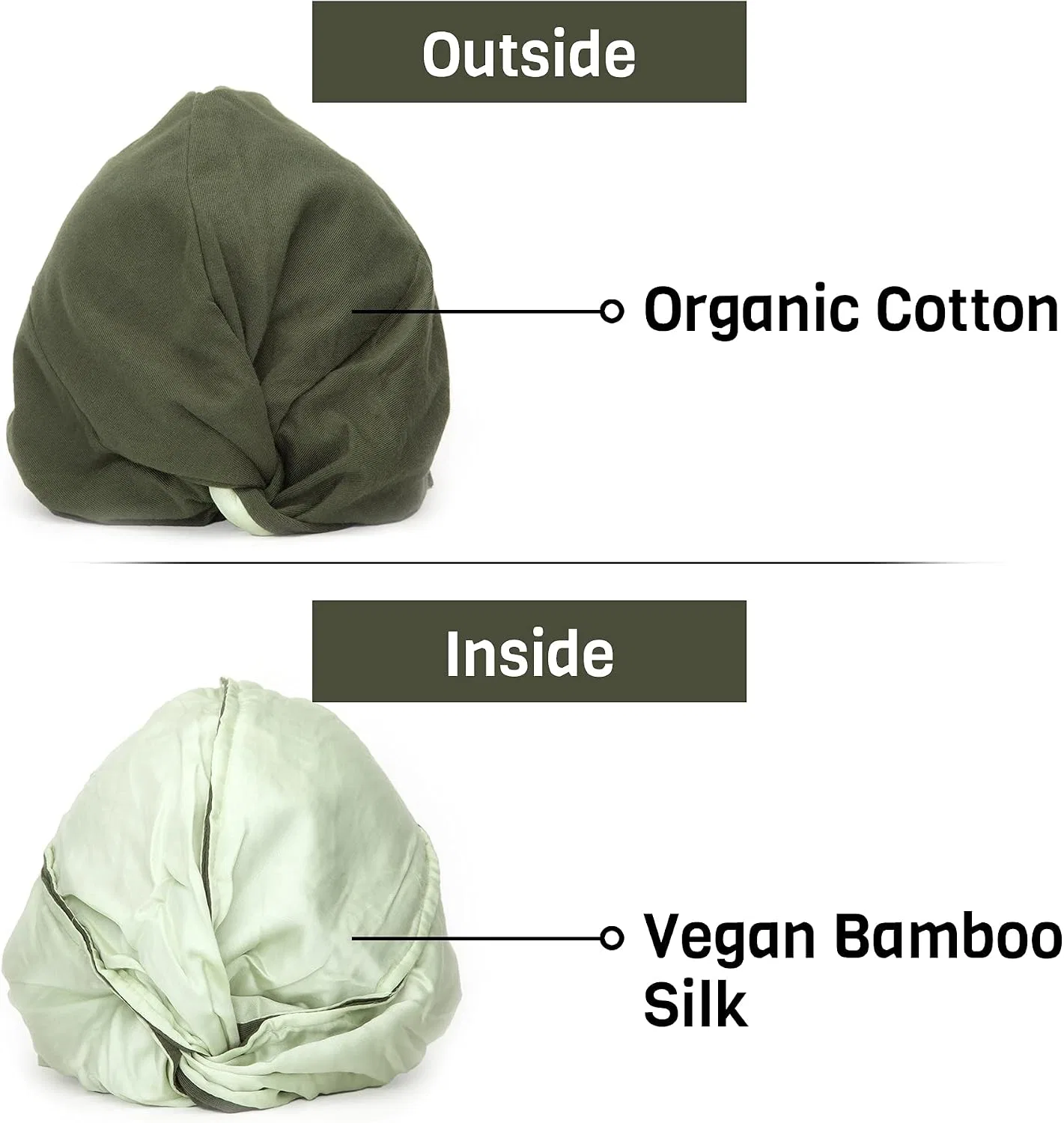 Шелковый тюрбан для волос Sustainably Silk, внешний слой 100% хлопок, внутри веганский бамбуковый шелк, оливково-светло-зеленый — фото 4