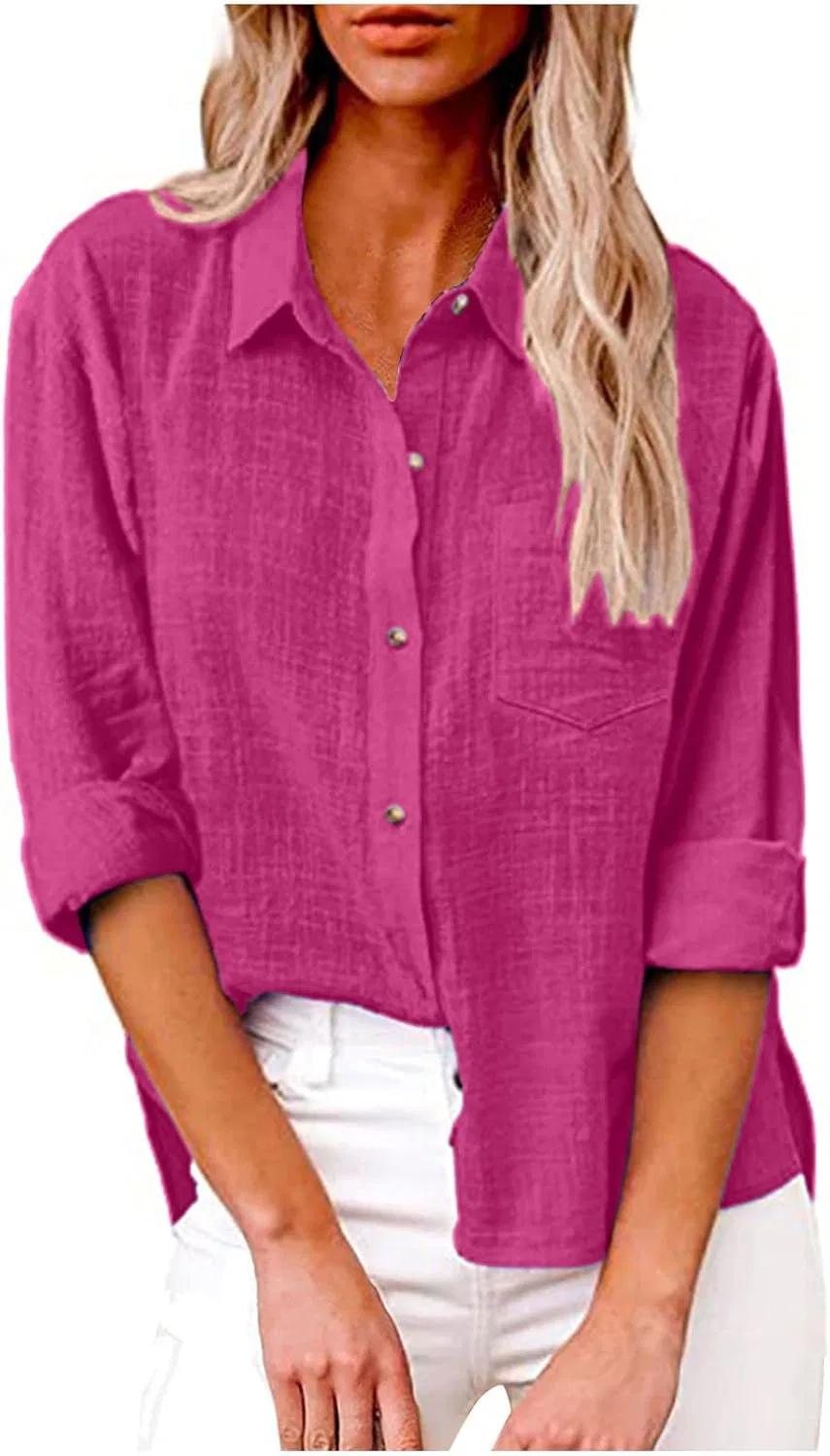 Женская блуза свободного кроя с V-вырезом, Cotton Linen, Hot Pink