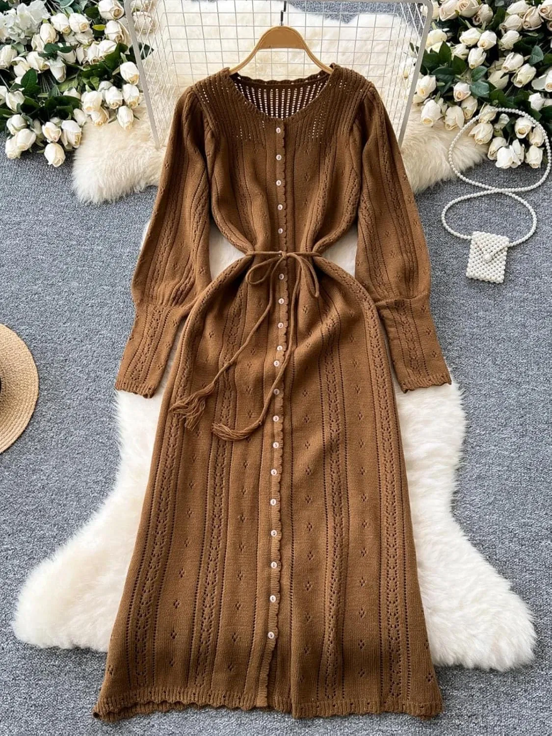 Женское винтажное платье миди с кружевной шнуровкой O-Neck, Brown — фото 4