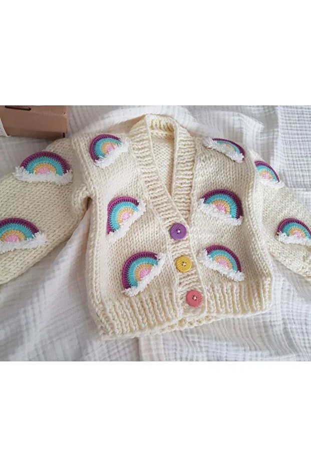 Детский кардиган с ручной вышивкой Hand knitted rainbow detailed girl's cardigan El Örgüsü, White