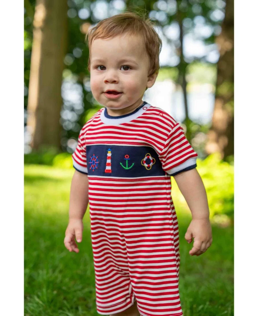 Детский комбинезон-боди с принтом, модель Stripe Knit Shortall With Nautical Applique Florence Eiseman, Red — фото 2