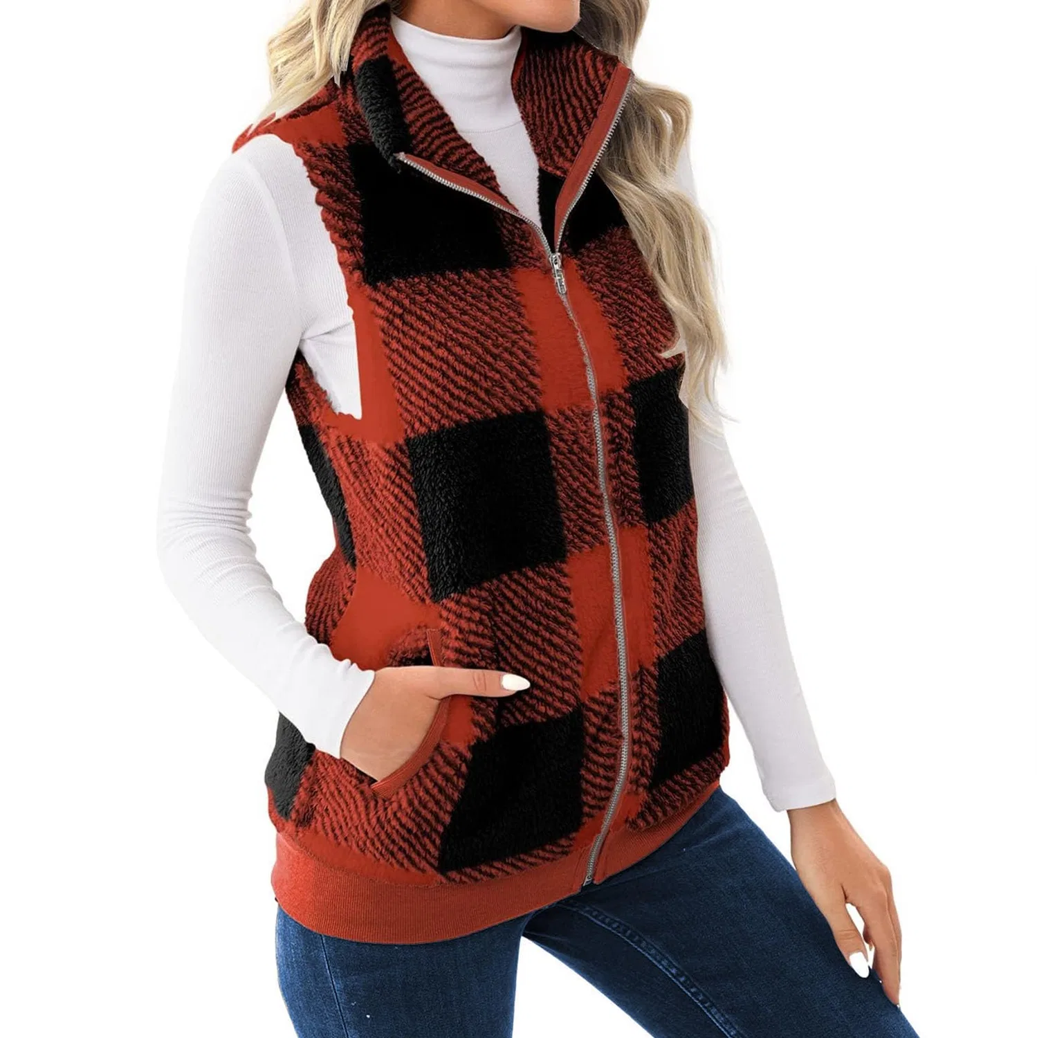 Женский жилет без рукавов с принтом Fluffy Warm Casual Women Fur Plaid Sherpa Jacket Autumn Winter, Arancia — фото 3