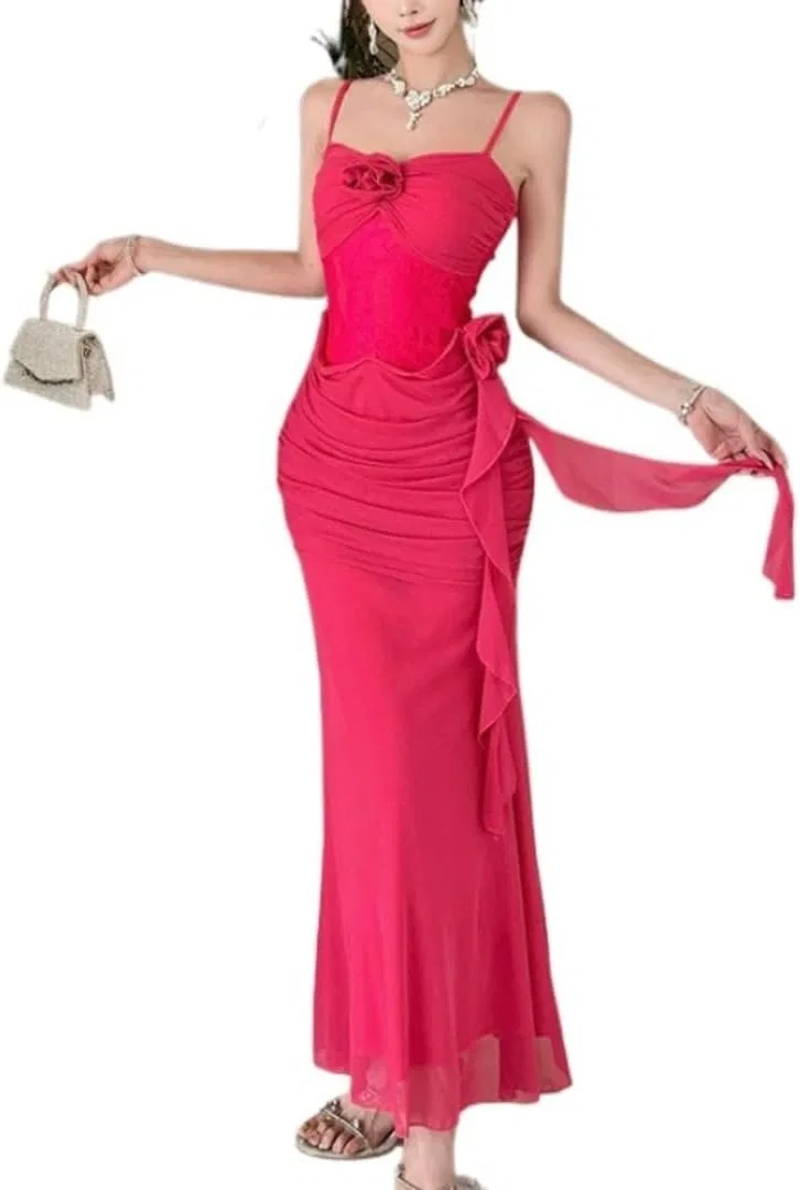 Женское платье макси из сетки с жаккардовой вставкой, Rose Red