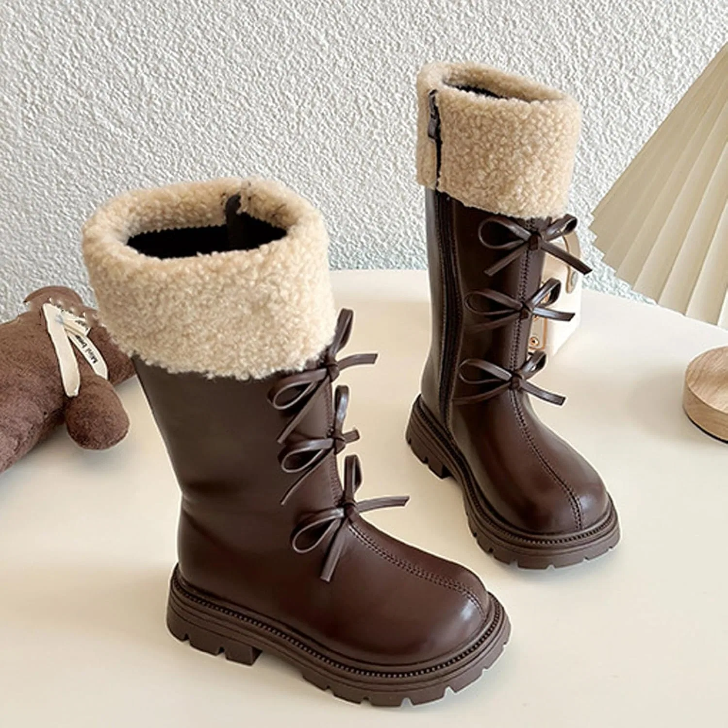 Детские зимние сапоги для девочек с бантом и мехом Zzalalana, Brown — фото 4