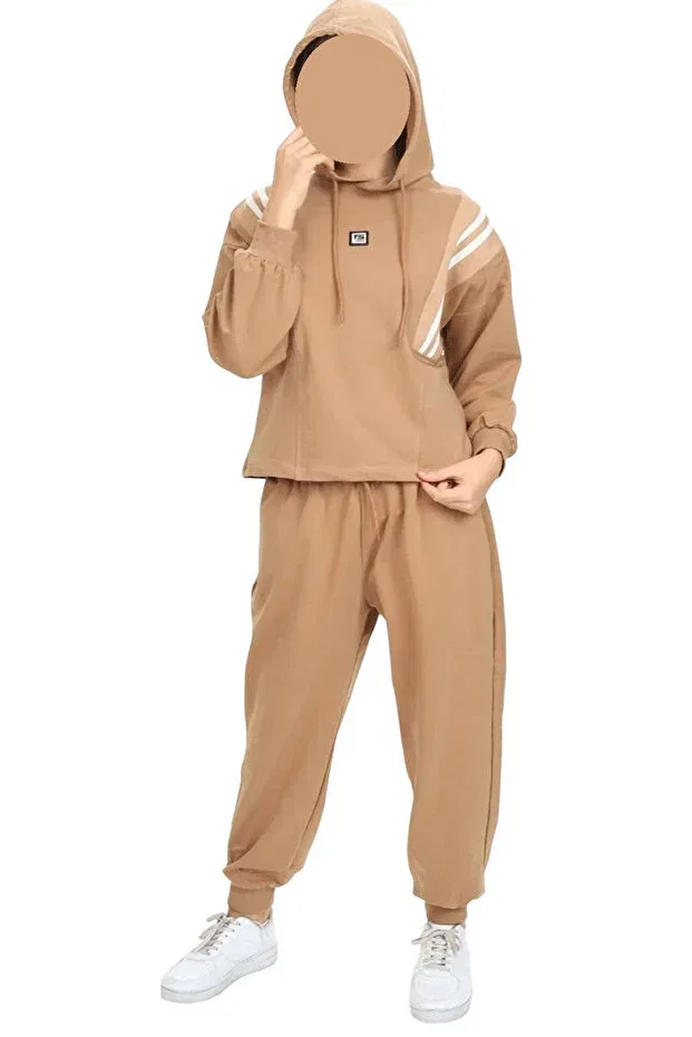 Детский спортивный костюм для девочек полосатый с капюшоном Girl'S Stripe Striped Detail Hooded Jogger Model Irem Çocuk Giyim, Light Brown — фото 2