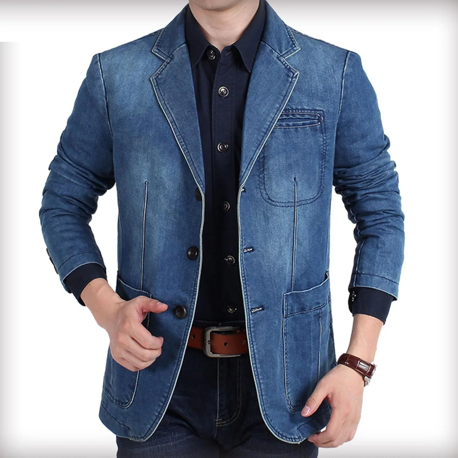 Мужская повседневная джинсовая куртка на 2 пуговицах Slim Fit, классический джинсовый блейзер, легкий деловой блейзер спортивного кроя Generic, синий — фото 3