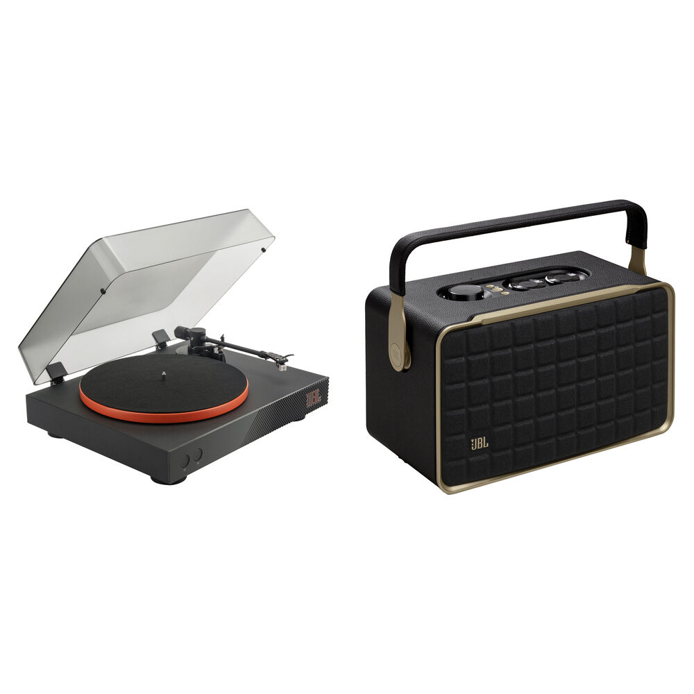

JBL Spinner BT с двухскоростным проигрывателем винила и комплектом беспроводных домашних колонок Authentics 300 (черный и оранжевый)