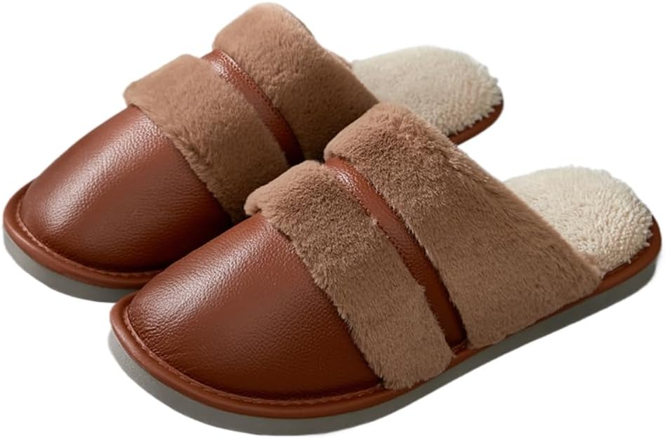 

Мужские домашние тапочки из кожи с термостежкой, противоскользящие, мягкие, теплые, пушистые, больших размеров Generic, коричневый