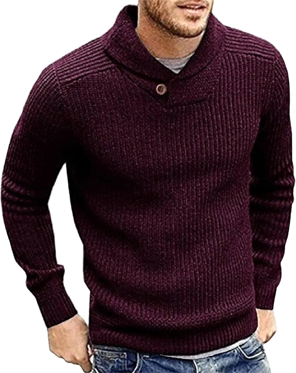 Мужской однотонный вязаный свитер с пуговицами Slim Fit