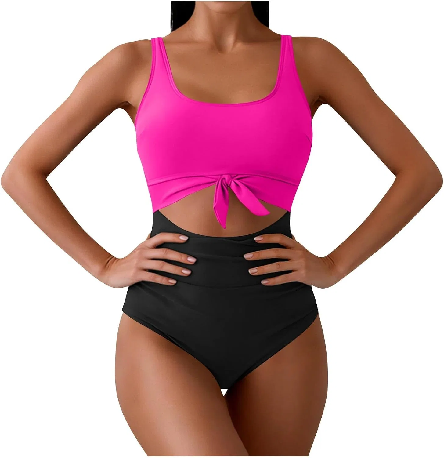 Женский купальник слитный с вырезами и контролем живота Color Block Tie Knot, Hot Pink