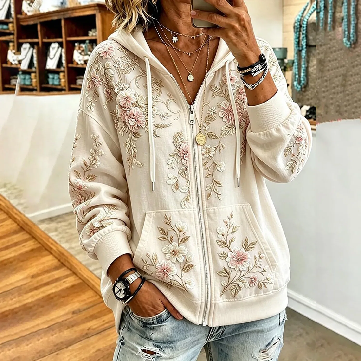 Женская куртка с капюшоном и длинным рукавом с цветочным принтом, Beige — фото 2
