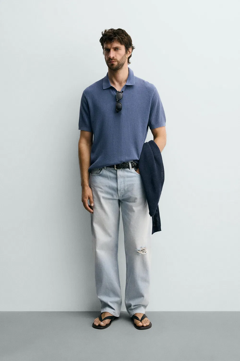 Текстурированная трикотажная рубашка-поло стандартного кроя ZARA, Faded sky blue