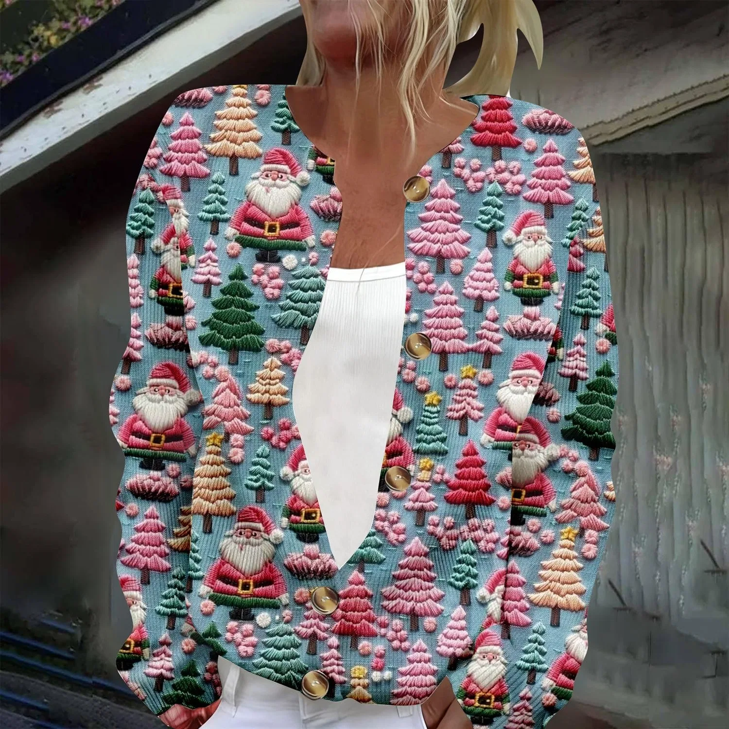 Женский кардиган с принтом Elegante cardigan casual con stampa e abbottonatura, Azzurro #5 — фото 2