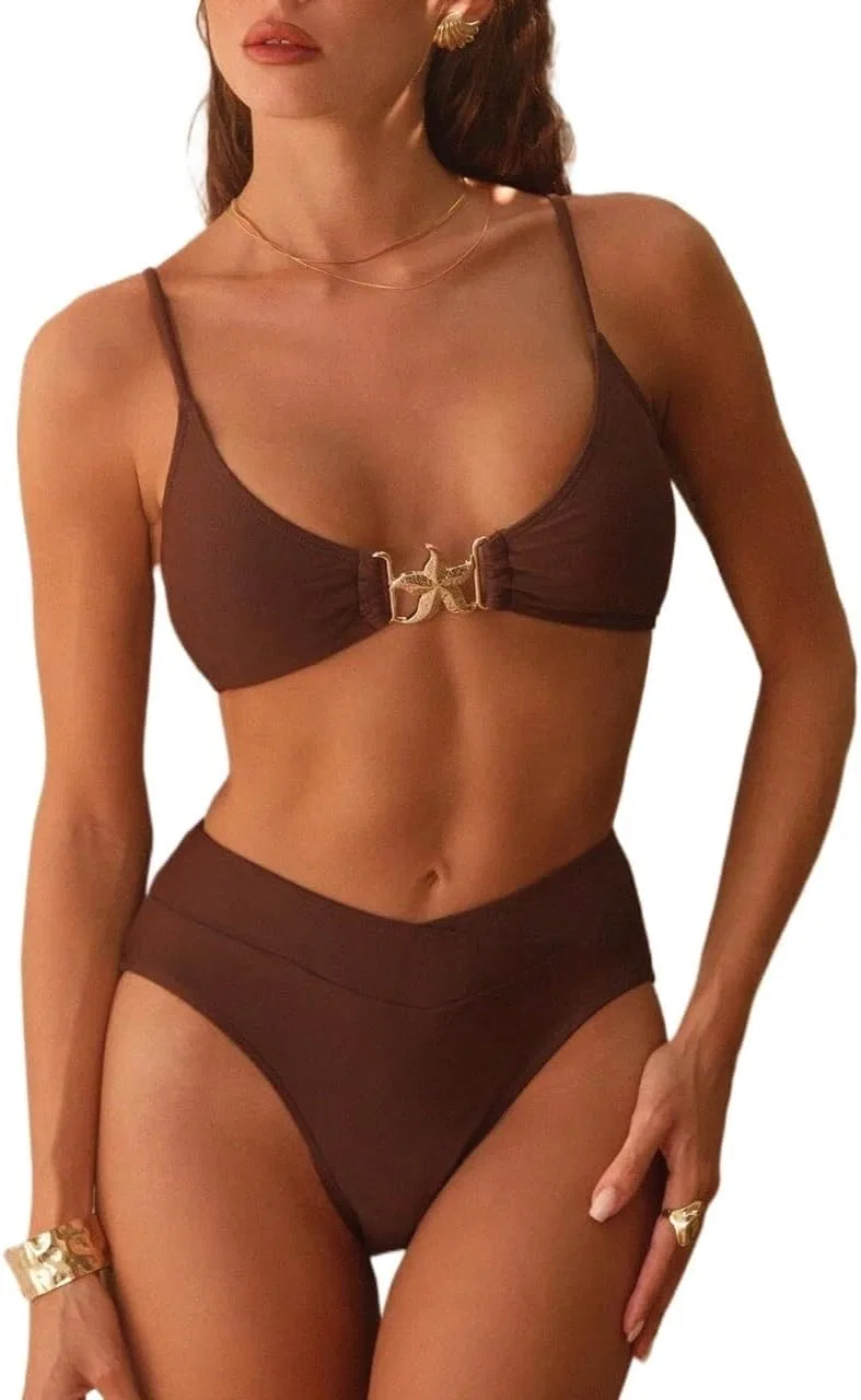 Женский бикини-сет с высокой талией Spaghetti Strap, Coffee Brown