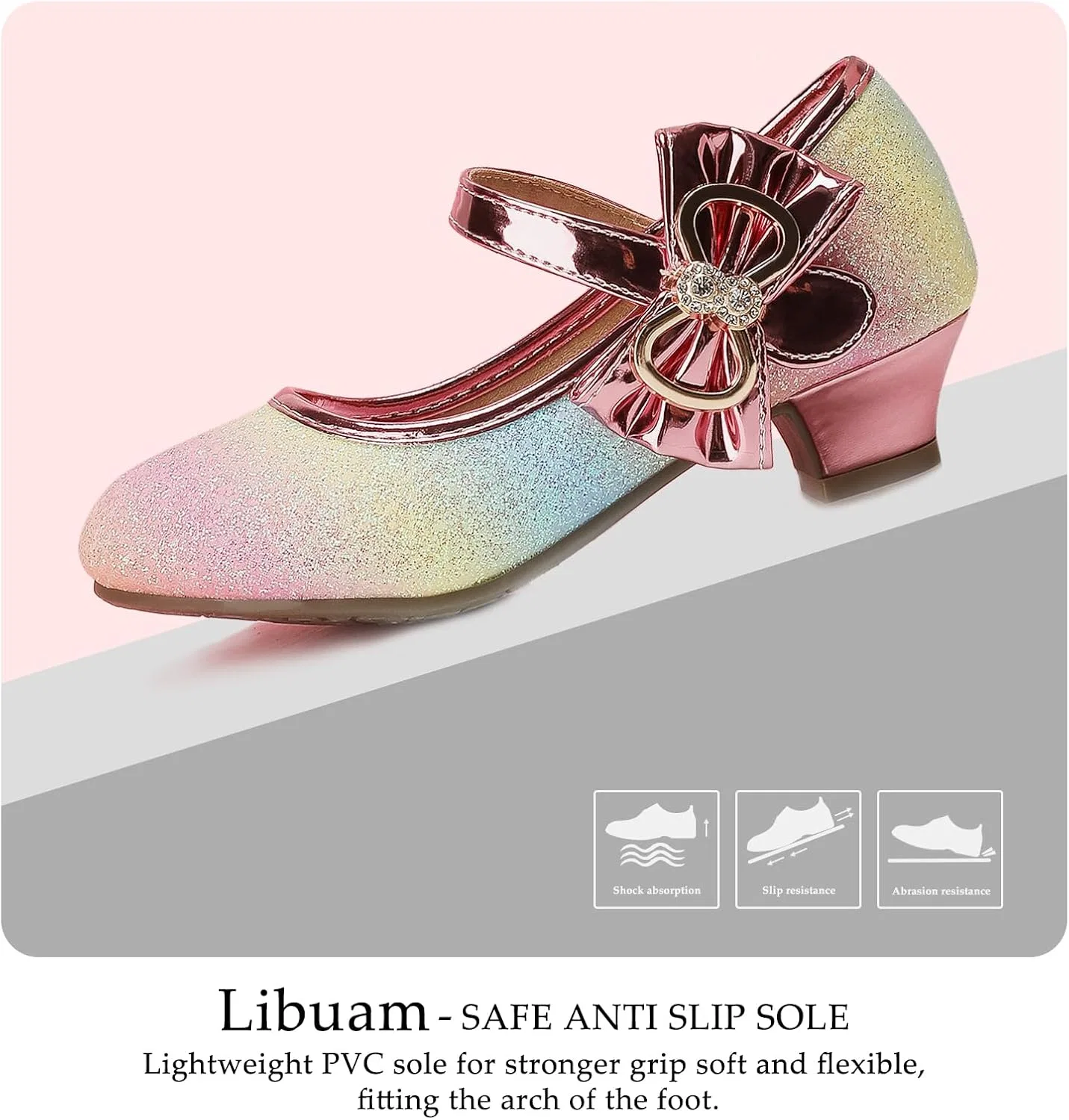 Детские туфли для девочек с блестками и цветком Mary Jane Heels Libuam, Rainbow — фото 4