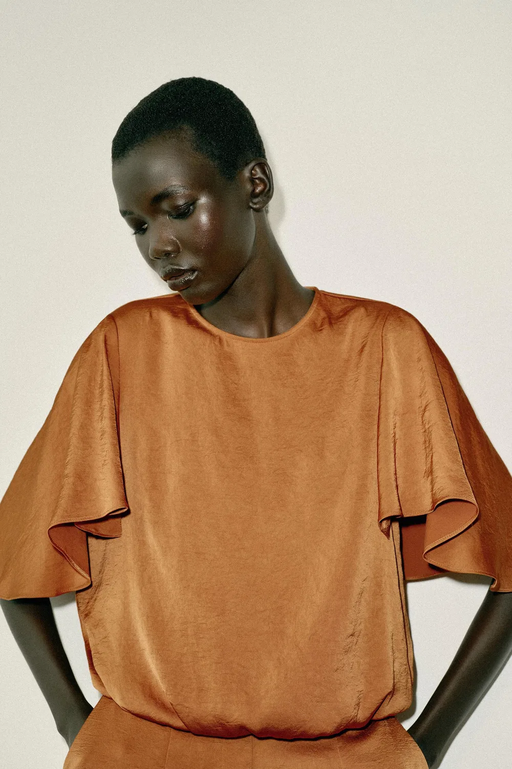 Струящаяся рубашка с рукавами с оборками ZARA, Burnt orange — фото 2