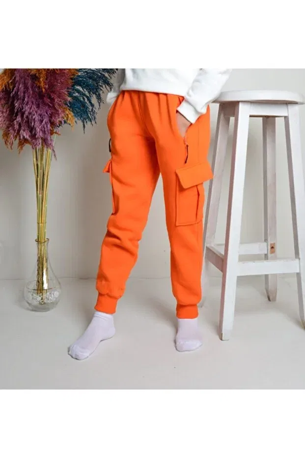 Детские спортивные штаны для девочек с начесом Cargo Pocket Zipper Kidspitircik, Orange — фото 2