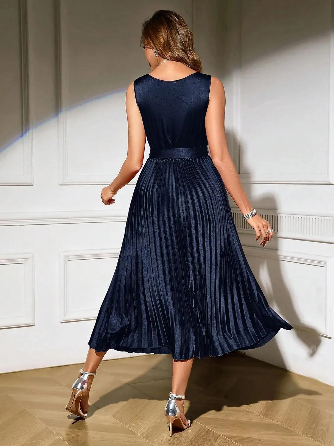 Женское элегантное платье миди A-силуэта с поясом, Navy Blue — фото 2
