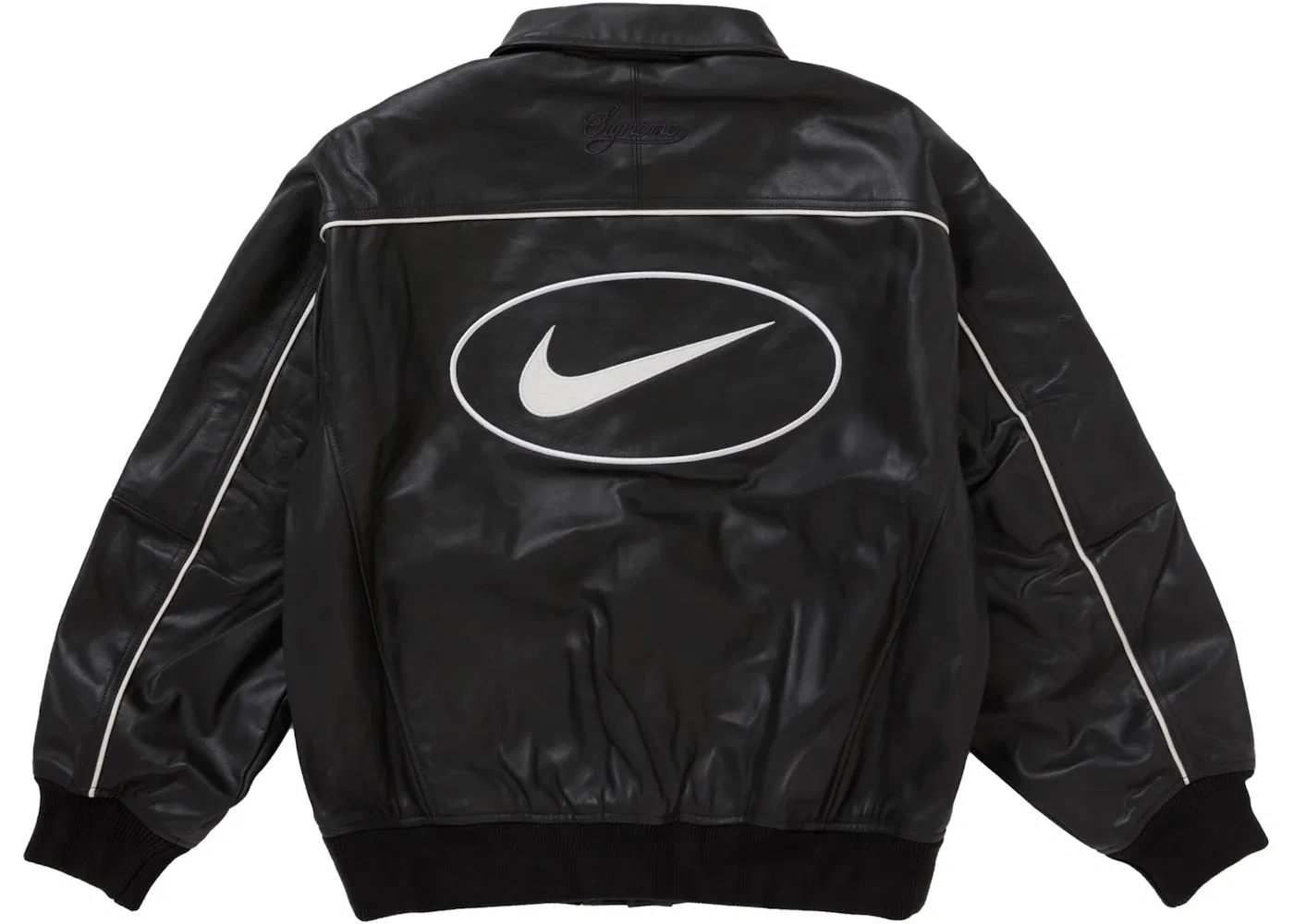 Мужская кожаная бейсбольная куртка с принтом Supreme Nike Jacket, Black — фото 3