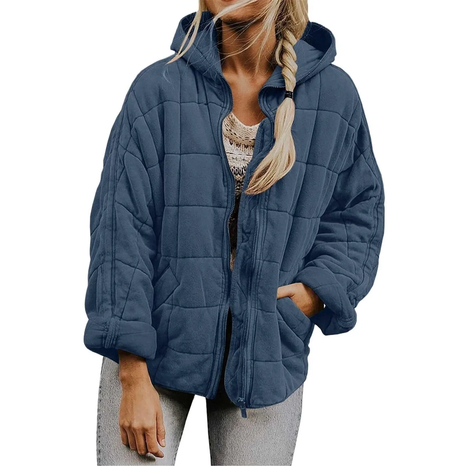 Женская легкая стеганая куртка oversize с длинным рукавом, Blu navy-1