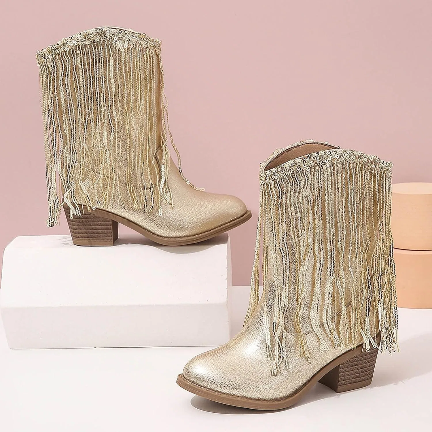 Детские сапоги для девочек с кисточками и пайетками Princess Boot HBDHEJL, Gold — фото 2